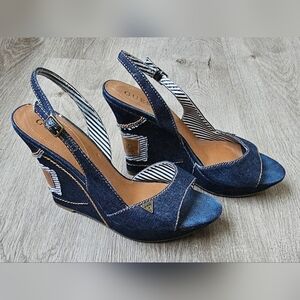 Guess Denim Slingback Wedge Sandals – Size 8M